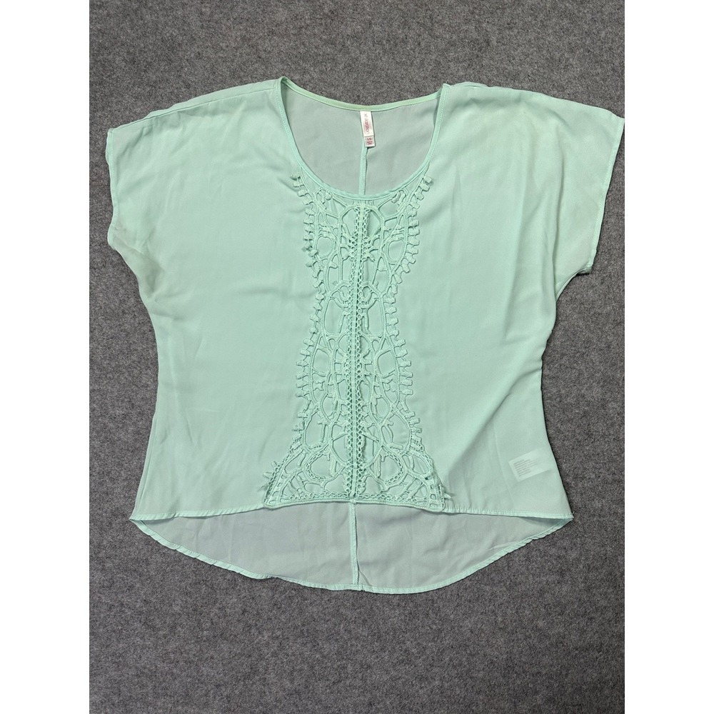 Xhilaration Mint Green Crochet Lace Chiffon Blouse Womens Large High Low Top